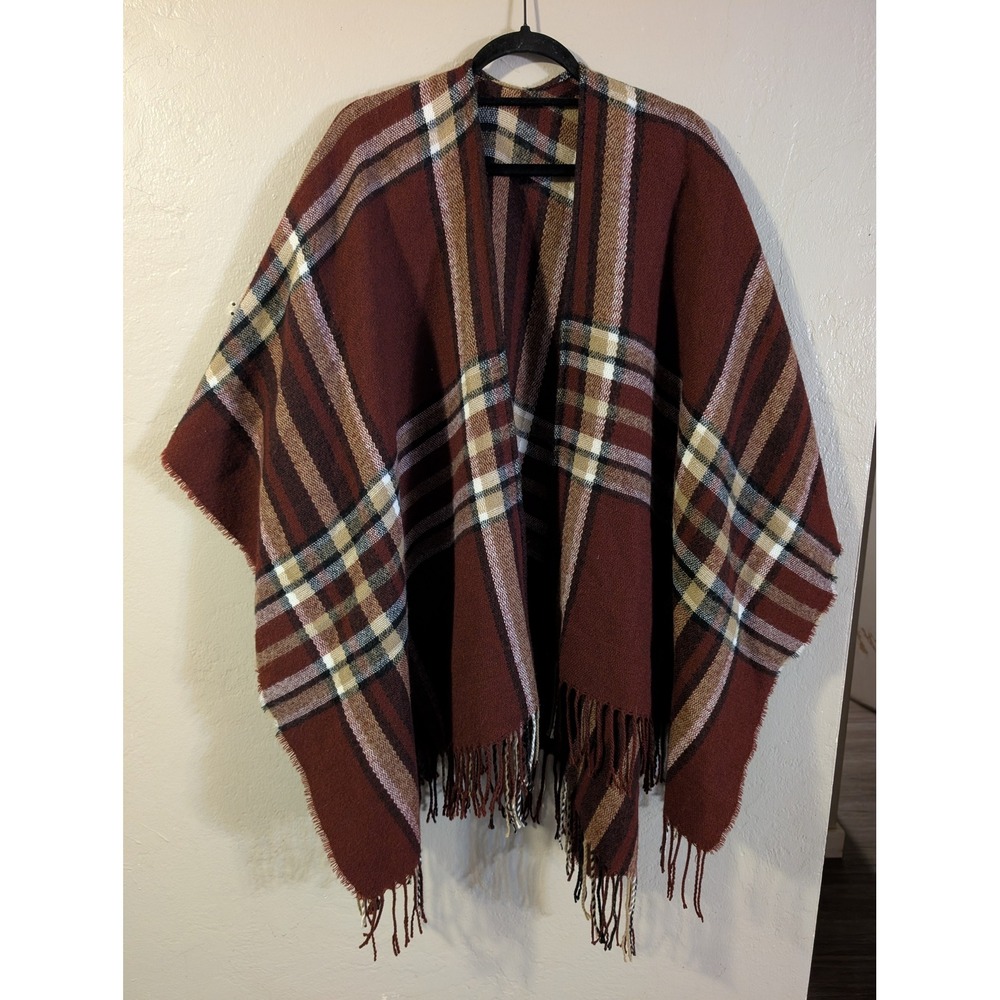 Women's Plaid Ruana Poncho Wrap Burgundy Brown Blanket Scarf Fringe One Size